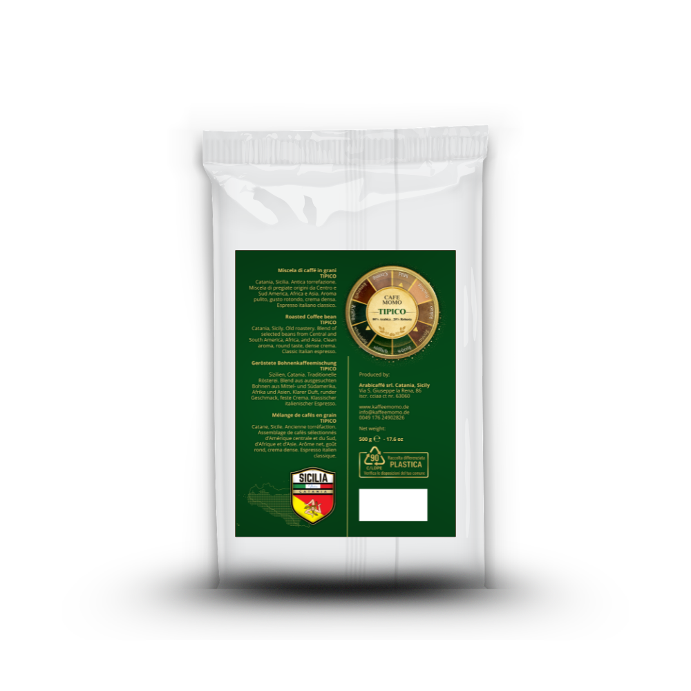 Cafe Momo Tipico 500 g Espressobohnen 80 Prozent Arabica 20 Prozent Robusta aus Sizilien