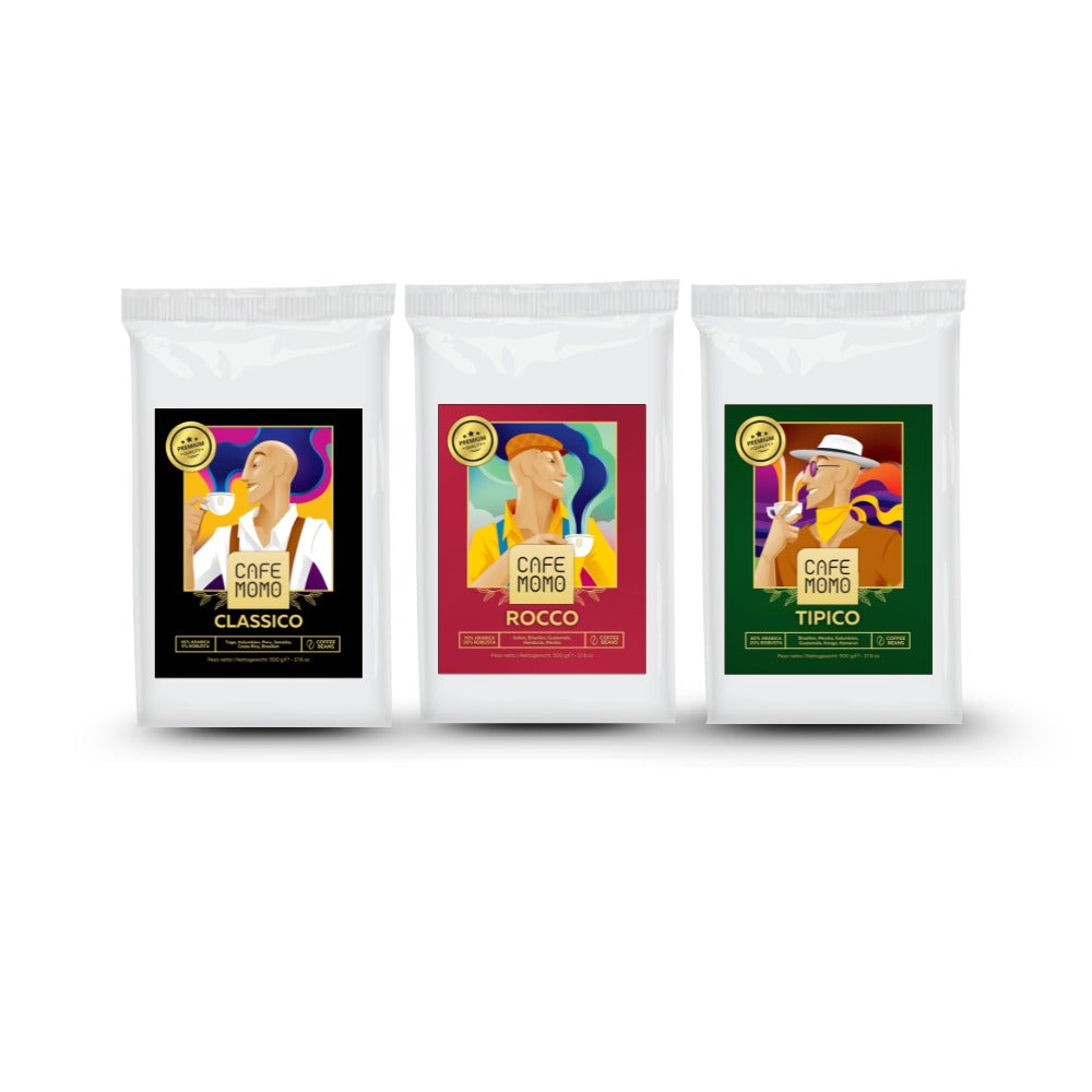 Cafe Momo Probierpaket mit drei 500-g-Beuteln Espressobohnen aus Sizilien: Classico, Rocco und Tipico