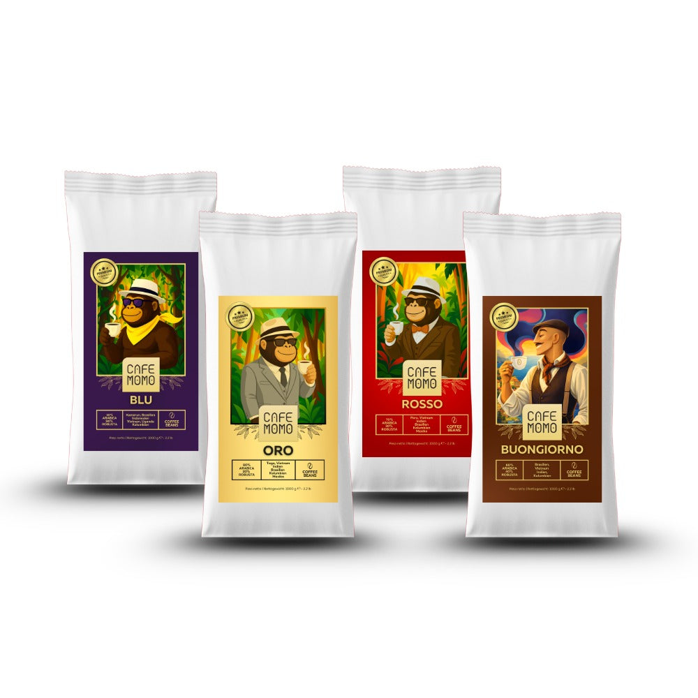 Cafe Momo Genusspaket mit vier 1-kg-Beuteln Espressobohnen aus Sizilien: Blu, Oro, Rosso und Buongiorno