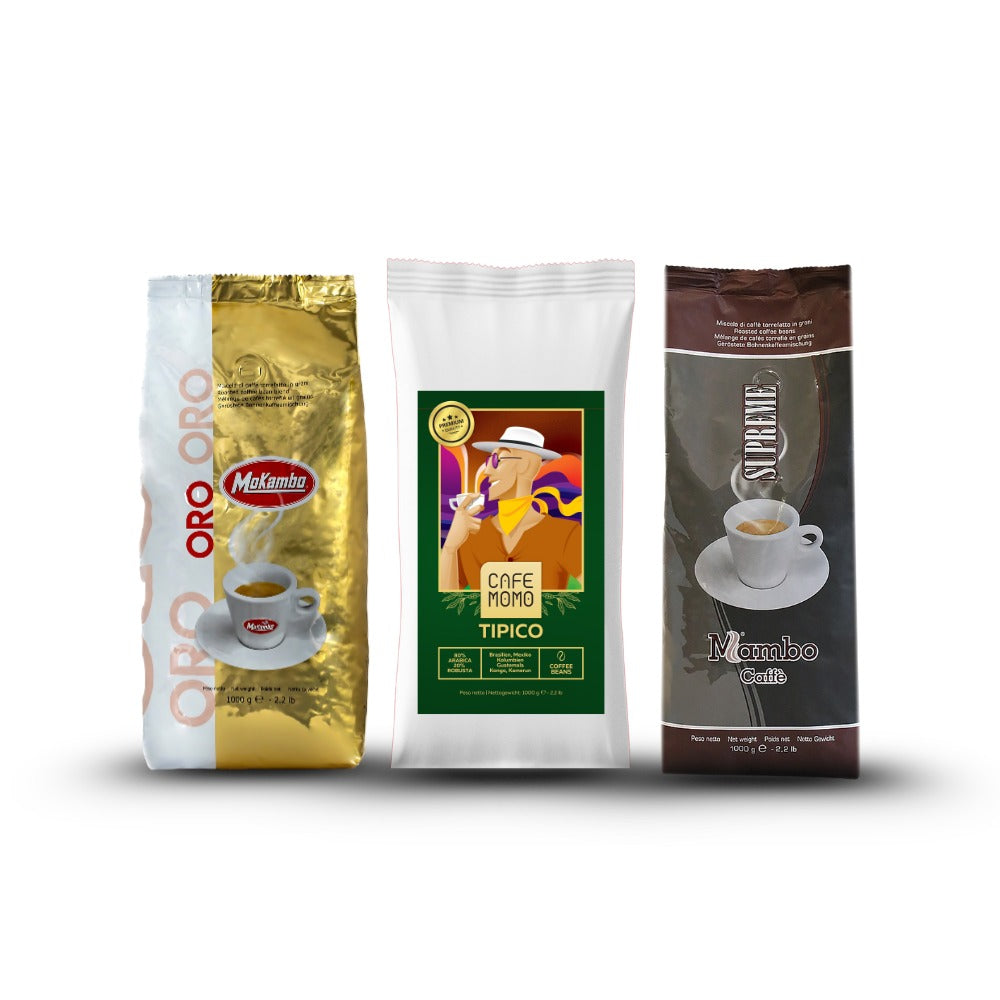 Entdecker-Paket mit drei 1-kg-Beuteln Espressobohnen: Mokambo Oro, Cafe Momo Tipico und Mambo Supreme