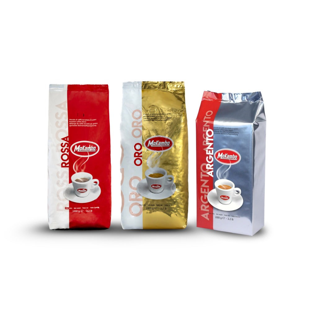 Mokambo Probierpaket mit drei 1-kg-Beuteln italienischer Espressobohnen: Rossa, Oro und Argento