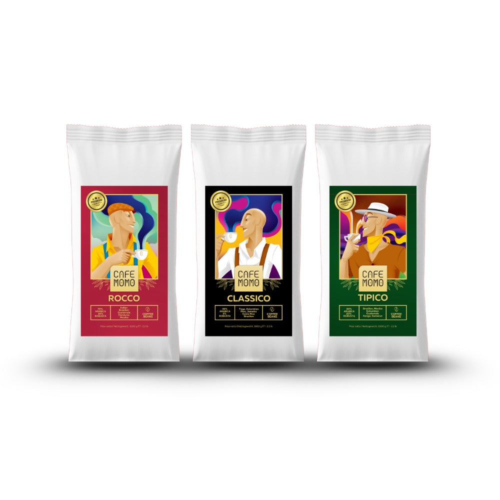 Cafe Momo Probierpaket mit drei 1-kg-Beuteln Espressobohnen aus Sizilien: Rocco, Classico und Tipico